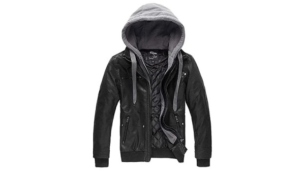 Wantdo Men’s Faux Leather Jacket with Removable Hood