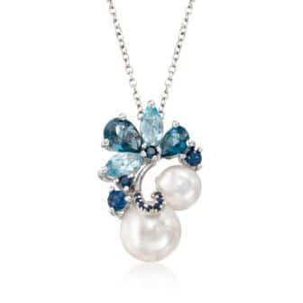 Cultured Pearl and 1.80 ct. t.w. Blue Topaz Pendant Necklace with .10 ct. t.w. Sapphires in Sterling Silver