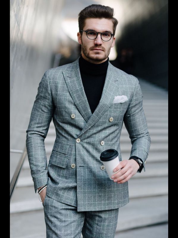 pinstriped grey white buttoned double breasted suit