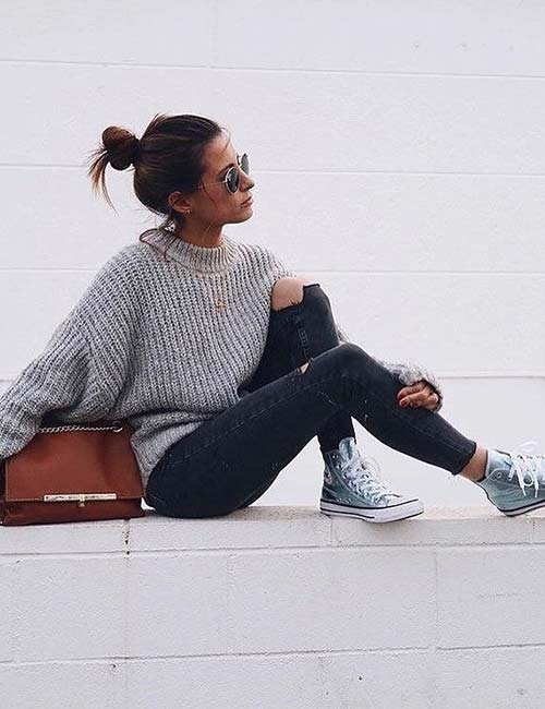 Distressed Jeans And Oversized Sweater