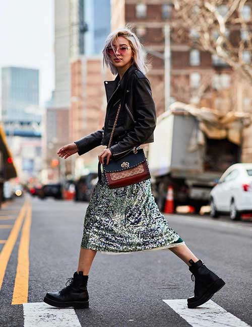 Sequin Skirt And Leather Jacket