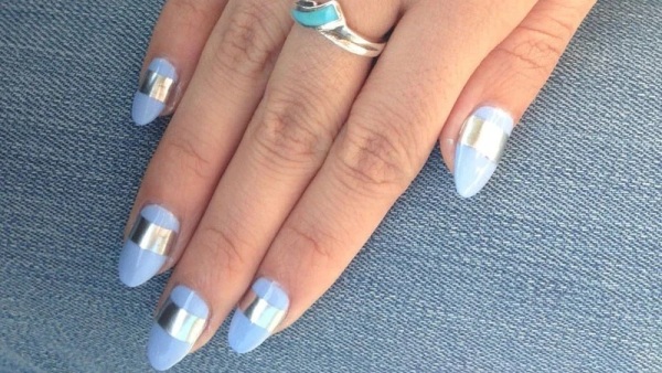 Almond Shaped Nails with Silver Stripes