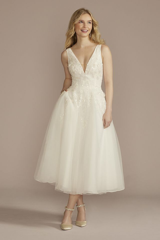 tea-length plunging neckline lace wedding dress
