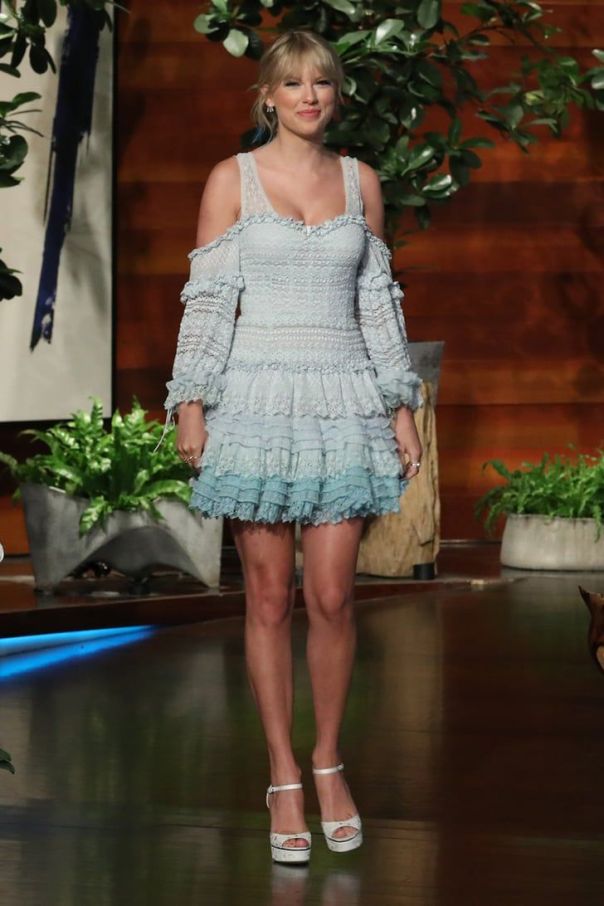 Singer Taylor Swift baby blue mini dress