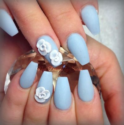baby blue 3D floral designs nails