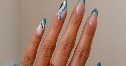 baby blue geometric negative space nail art