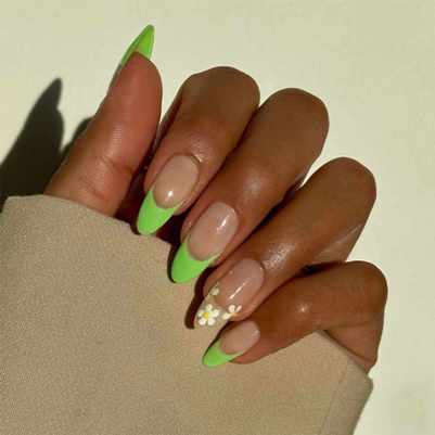 classic French manicure with a lime green for wedding
