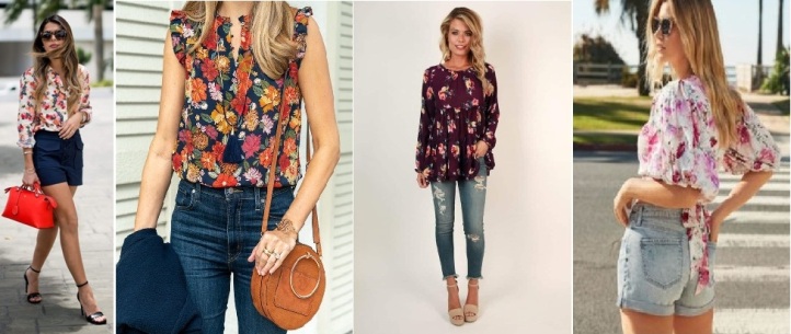 floral blouse with jeans or shorts