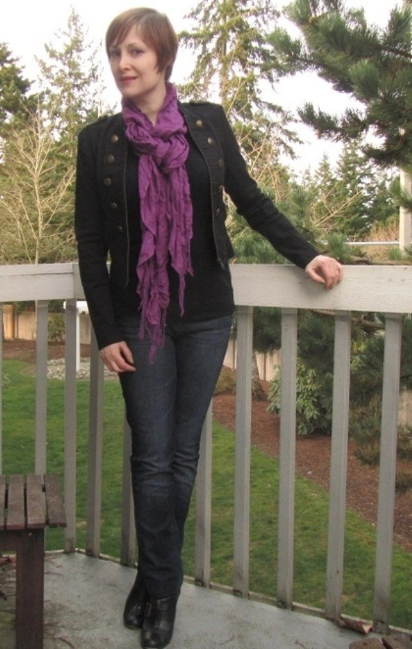 purple scarf outfit