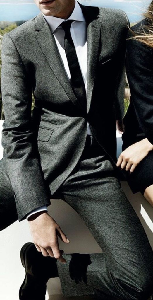 Charcoal Grey Suit, White Shirt, And Black Tie for wedding