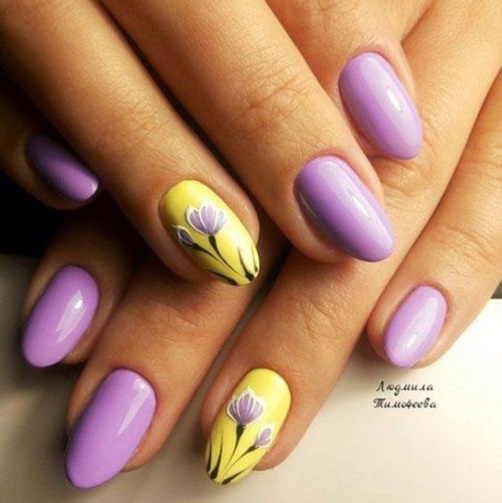 Purple Nails with a Yellow Dress