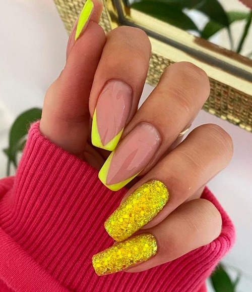 Yellow French Tip Nails with sparkle